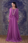 BAIDEHI_Purple Georgette Pearl Embroidery V Neck Cowl Draped Cape Sleeves Gown _Online_at_Aza_Fashions