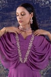 Buy_BAIDEHI_Purple Georgette Pearl Embroidery V Neck Cowl Draped Cape Sleeves Gown _Online_at_Aza_Fashions