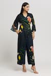 Buy_Whimsical By Shica_Blue Organza Satin Printed Floral V Neck Jumpsuit _at_Aza_Fashions