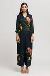 Whimsical By Shica_Blue Organza Satin Printed Floral V Neck Jumpsuit _Online_at_Aza_Fashions