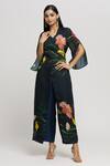 Shop_Whimsical By Shica_Blue Organza Satin Printed Floral V Neck Jumpsuit _Online_at_Aza_Fashions