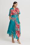 Buy_Whimsical By Shica_Blue Organza, Satin Crystals V-neck Abstract Brush Stroke Pattern Dress _at_Aza_Fashions