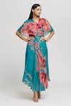 Whimsical By Shica_Blue Organza, Satin Crystals V-neck Abstract Brush Stroke Pattern Dress _Online_at_Aza_Fashions