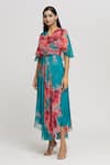 Shop_Whimsical By Shica_Blue Organza, Satin Crystals V-neck Abstract Brush Stroke Pattern Dress _Online_at_Aza_Fashions