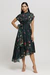 Buy_Whimsical By Shica_Blue Organza Satin Printed Floral Round High Neck Cowl Dress _at_Aza_Fashions