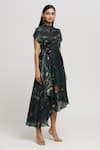 Whimsical By Shica_Blue Organza Satin Printed Floral Round High Neck Cowl Dress _at_Aza_Fashions