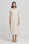 Buy_Whimsical By Shica_Ivory Cotton Silk Woven Stripe V Neck Dress  _Online_at_Aza_Fashions