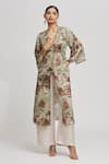 Buy_Whimsical By Shica_Beige Organza Satin Printed Floral V Neck Kaftan  _at_Aza_Fashions