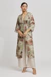 Buy_Whimsical By Shica_Beige Organza Satin Printed Floral V Neck Kaftan  _Online_at_Aza_Fashions