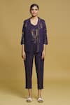 Buy_Khwaab by Sanjana Lakhani_Blue Stripe Lapel Collar Neck Woven Balance Blazer Jacket Pant Set 