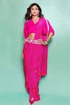 Shop_Pink City by Sarika_Pink Silk Printed Bandhani V Neck Pre-draped Saree With Blouse _Online_at_Aza_Fashions