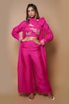 Buy_Ahi Clothing_Pink Viscose Organza Lining- Heavy Shantoon Print Open Front Cape And Palazzo Set_at_Aza_Fashions