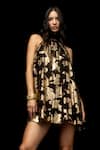 Buy_House of eda_Black Shell 100% Silk Floral Halter Nyle Pattern Neck Dress  _Online_at_Aza_Fashions