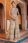 Buy_Ridhima Bhasin_Gold Organza Embroidery Beads V Neck Jacket And Gharara Set  _at_Aza_Fashions