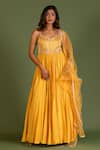 Buy_KRINA PATEL_Yellow Linen Satin Embroidery Sequin V Neck Geometric Anarkali With Dupatta _at_Aza_Fashions