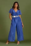 Buy_KRINA PATEL_Blue Crepe Silk Embroidery Cutdana V Neck Flared Sleeve Jumpsuit With Belt _at_Aza_Fashions