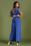 Shop_KRINA PATEL_Blue Crepe Silk Embroidery Cutdana V Neck Flared Sleeve Jumpsuit With Belt _at_Aza_Fashions