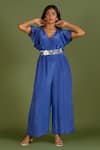 KRINA PATEL_Blue Crepe Silk Embroidery Cutdana V Neck Flared Sleeve Jumpsuit With Belt _Online_at_Aza_Fashions