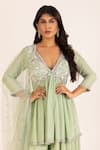 KRINA PATEL_Green Crepe Silk Pearls Embroidery V Lily Bloom Aliya Cut Kurta Sharara Set _Online_at_Aza_Fashions