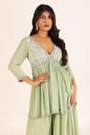 Shop_KRINA PATEL_Green Crepe Silk Pearls Embroidery V Lily Bloom Aliya Cut Kurta Sharara Set _Online_at_Aza_Fashions