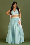 Buy_KRINA PATEL_Blue Linen Satin Cut Dana Embroidery Halter Dianthus Bloom Blouse Lehenga Set _at_Aza_Fashions