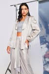 Buy_Style Junkiie_Silver Satin Shawl Collar Metallic Fringed Blazer  _at_Aza_Fashions