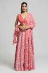 Kalakaari By Sagarika_Peach Cotton Silk Petunia Print V Neck Bloom Lehenga Blouse Set _at_Aza_Fashions