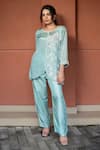 Buy_Label Lila_Blue Chinon Pearls Pansy Blossom Curved Hem Slit Kurta With Pant _at_Aza_Fashions