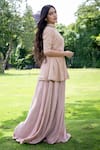 Label Lila_Pink Pure Crepe Sequins Embroidery V Chevron Flame Peplum Kurta With Gharara _Online_at_Aza_Fashions