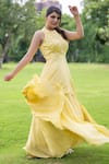 Label Lila_Yellow Georgette Sequins Marigold Embellished Long Top With Lehenga _at_Aza_Fashions