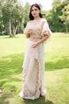 Buy_Label Lila_Beige Georgette Wildflora Embroidery Scallop V Neck Crop Top Draped Skirt Set _at_Aza_Fashions