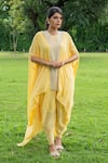 Buy_Label Lila_Yellow Chinon Pearls Embroidery Semi Square Greek Moti Kaftan With Dhoti Pant _at_Aza_Fashions