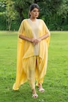 Buy_Label Lila_Yellow Chinon Pearls Embroidery Semi Square Greek Moti Kaftan With Dhoti Pant _Online_at_Aza_Fashions