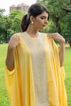 Label Lila_Yellow Chinon Pearls Embroidery Semi Square Greek Moti Kaftan With Dhoti Pant _at_Aza_Fashions