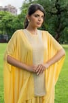 Buy_Label Lila_Yellow Chinon Pearls Embroidery Semi Square Greek Moti Kaftan With Dhoti Pant 