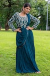 Buy_Label Lila_Blue Georgette Iris Sequin Bloom Anarkali With Attached Pleated Drape _at_Aza_Fashions