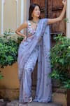 Buy_Pasha India_Blue Organza Printed Floral U Neck And Polka Dot Pre-draped Saree With Blouse _at_Aza_Fashions