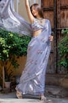 Pasha India_Blue Organza Printed Floral U Neck And Polka Dot Pre-draped Saree With Blouse _at_Aza_Fashions