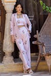 Buy_Pasha India_Pink Muslin Zari Printed Floral Lapel Collar Striped Blazer Pant Set  _at_Aza_Fashions