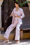 Buy_Pasha India_Pink Muslin Zari Printed Floral Lapel Collar Striped Blazer Pant Set  _Online_at_Aza_Fashions