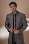 Buy_Nero By Shaifali And Satya_Black Jacquard Basket Weave Embroidery Sherwani Kurta Set_Online_at_Aza_Fashions