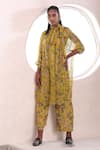 Buy_Mahima Mahajan_Yellow Lurex Georgette Printed Floral Front Tie Tara Blossom Long Top With Pant _at_Aza_Fashions