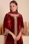 Surabhi Arya_Maroon Velvet Bloom Vine Embroidery Notched V Kurta With Pant _Online_at_Aza_Fashions