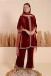 Buy_Surabhi Arya_Maroon Velvet Bloom Vine Embroidery Notched V Kurta With Pant _Online_at_Aza_Fashions