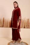 Surabhi Arya_Maroon Velvet Bloom Vine Embroidery Notched V Kurta With Pant _at_Aza_Fashions