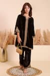 Buy_Surabhi Arya_Black Velvet Embroidery Split V-neck Gardenia Vine Kurta With Pant _at_Aza_Fashions