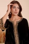 Surabhi Arya_Black Velvet Embroidery Split V-neck Gardenia Vine Kurta With Pant _Online_at_Aza_Fashions