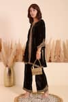 Buy_Surabhi Arya_Black Velvet Embroidery Split V-neck Gardenia Vine Kurta With Pant _Online_at_Aza_Fashions