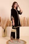 Shop_Surabhi Arya_Black Velvet Embroidery Split V-neck Gardenia Vine Kurta With Pant _Online_at_Aza_Fashions