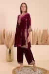 Surabhi Arya_Wine Velvet Damask Bloom Embroidery Notched V Encrusted Kurta With Pant _Online_at_Aza_Fashions